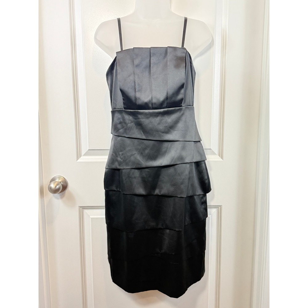 White House Black Market Black Tiered Satin Cocktail‎ Dress 4 Spaghetti Strap